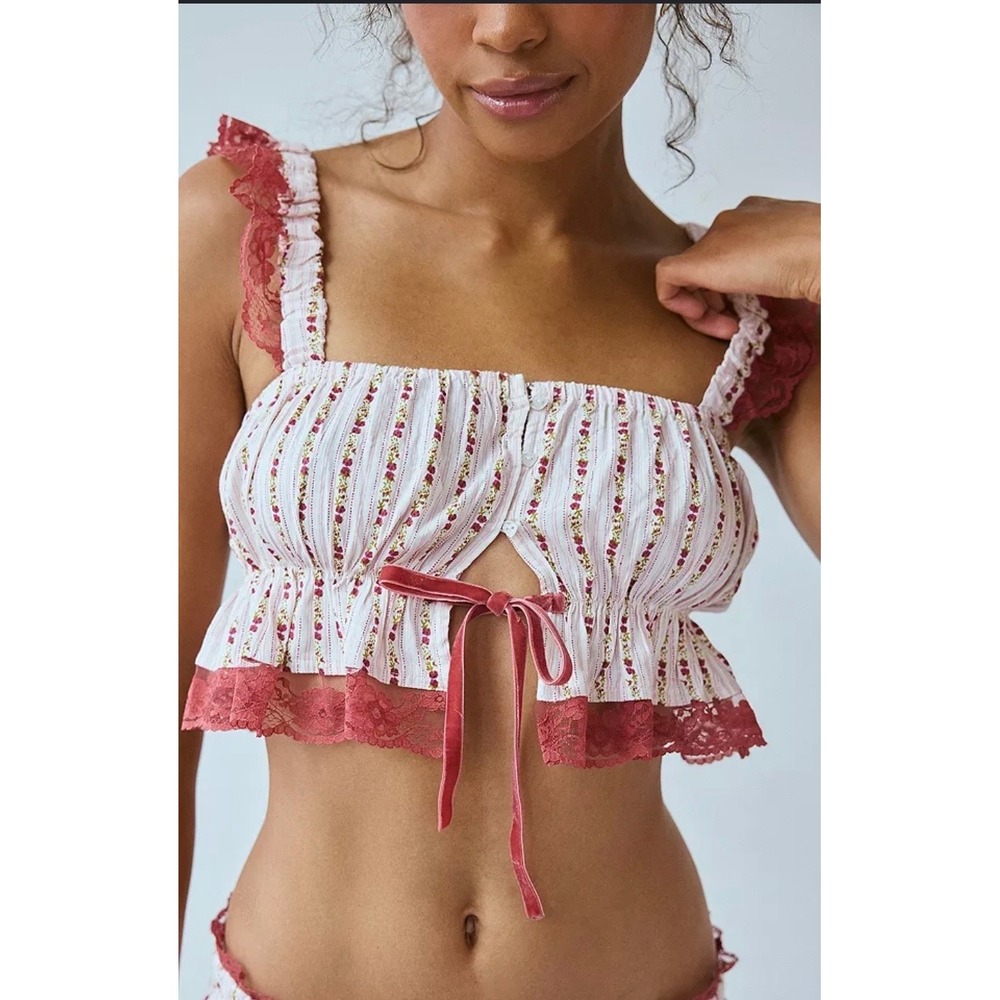 Urban Outfitters Out From Under Floral Lace Trim Crop Top Velvet Tie Burgundy S